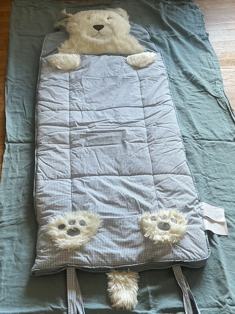 NWOT Pottery barn gingham Blue check Shaggy head dog blanket sleeping bag